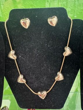 Gold Heart Necklace and Stud Earrings Set - Elegant Women's Jewelry